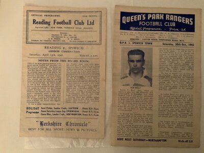 45/46 Ipswich Town Away Reserves Football Programmes: London Combination matches at QPR scores filled to rear page with pencilled team changes and Reading both good. (2)