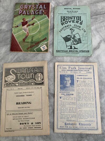 Reading Football Programmes: Home 46/47 Grimsby FA Cup, Away 48/49 Swansea, 49/50 Crystal Palace fold, 50/51 Reading split spine. Good unless stated. (4)