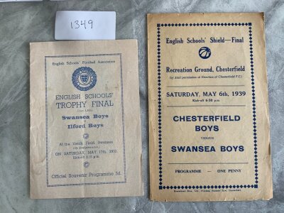 1939 English Schools Final Football Programme: Chesterfield Boys v Swansea Boys in good condition with a coup,e of tiny tears to border. C/W final for 1952 Swansea Boys v Ilford Boys. No team changes. (2)