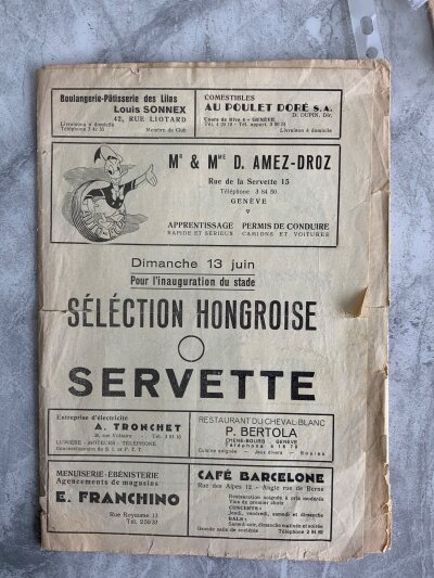 1954 Servette v Preston Football Programme: Friendly dated 13 6 1954 in poor/fair condition. 8 page gatefold programme has no team changes but has quite a few tears.