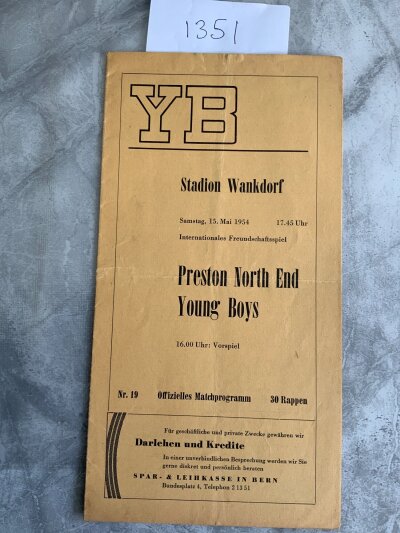53/54 Young Boys v Preston Football Programme: Harder to obtain 8 page gatefold programme with team change and scorers noted.
