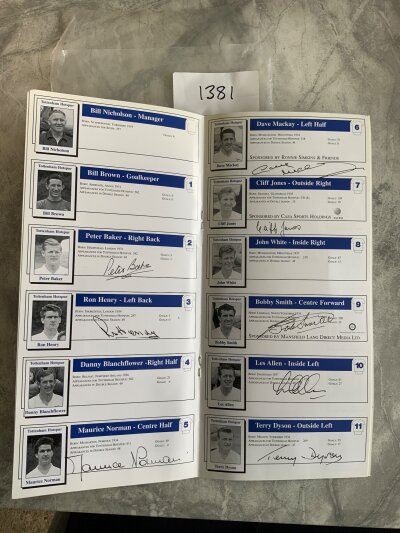 Tottenham Double Season Signed Reunion Football Menu: Former property of the vendor who arranged this dinner in 2001. Signed by 9 players neatly next to their photo and name. Includes Baker Henry Norman Mackay Jones Smith Allen Dyson and Medwin.