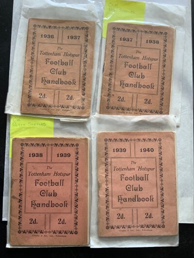 Tottenham Pre War Football Handbooks: 36/37 37/38 38/39 and 39/40 which has been signed by Bill Nicholson to his photo but rusty staple is making pages loose. 29/30 also has a rusty staple making centre page loose. (5)