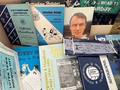 Tottenham Football Memorabilia Box: Handbooks 58/59 62/63 68/69 71/72 and more. Signed items include Bobby Smith menu and book, annual reports and accounts, mid 50s home programmes, 1961 FA Cup final programme, tickets, cards, programme guide book and much more. Instructions to sell.