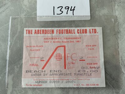 1981 West Ham v Manchester United Football Ticket At Aberdeen: Pre season tournament dated 2 8 1981.