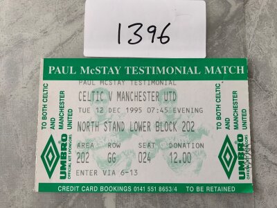 1995 Celtic v Manchester United Football Ticket: Paul McStay testimonial dated 12 12 1995 in excellent condition.