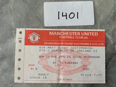 1991 Manchester United v Republic Of Ireland Football Ticket: Sir Matt Busby testimonial dated 11 8 1991 in excellent condition with light fold.