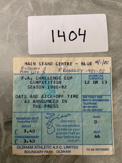 1982 Oldham v Manchester United Football Ticket: Friendly dated 16 1 1982 on an FA Cup ticket with date and score written. Fold.