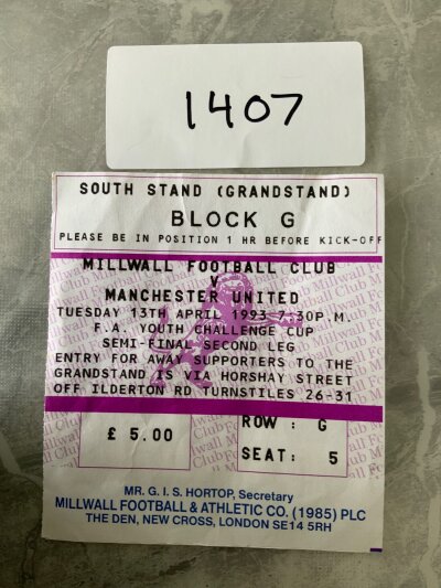 1993 Millwall v Manchester United Youth Cup Football Ticket: Semi final dated 13 4 1993  in good condition.