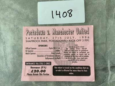 1996 Portadown v Manchester United Football Ticket: Friendly dated 27 7 1996 in excellent condition.
