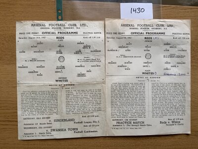 1947 - 1948 Arsenal Practice Match Football Programmes: Both single sheets dated 9 + 16 August in good condition with numbers written. Folded.