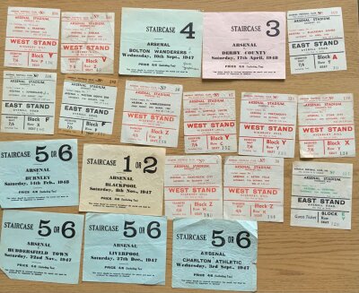 1947 - 1948 Arsenal Football Tickets: From the championship winning season a fabulous collection of home tickets. 19 tickets which consist of Bradford FA Cup then 18 league matches which include Liverpool Sunderland Burnley and Chelsea. Mainly good. (19)