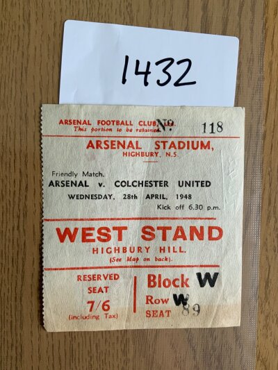1947 - 1948 Arsenal v Colchester United Football Ticket: Friendly dated 28 4 1948 in good condition with fold.