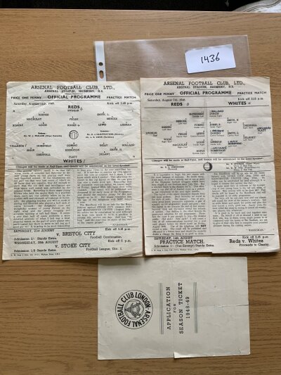 1948 - 1949 Arsenal Practice Match Football Programmes: Both single sheets dated 7 + 14 August in good condition with small amount of writing. Folded. (2) C/W season ticket application.
