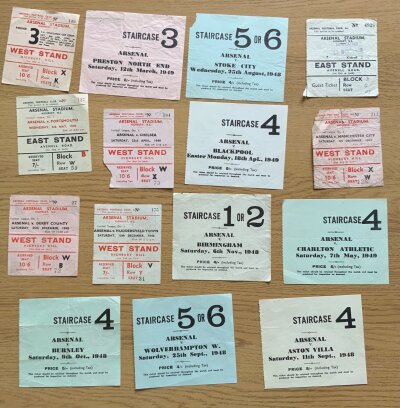 1948 - 1949 Arsenal Home Football Tickets: 15 tickets which consist of 14 league matches and Tottenham FA Cup. Includes Wolves Derby Portsmouth and Preston. Mainly good. (15)