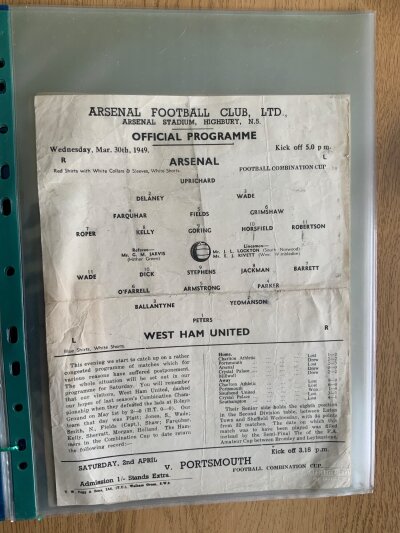 1948 - 1949 Arsenal Home Reserves Football Programmes: Includes single sheets v Millwall West Ham Southampton Aldershot Leicester the rest are standard format. Includes both Combination and Combination Cup. Very good. (23)