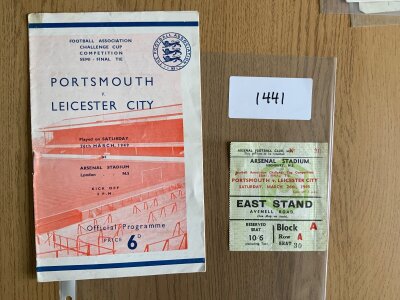 1949 FA Cup Semi Final Football Programme + Ticket: Portsmouth v Leicester played at Arsenal both in good condition. (2)