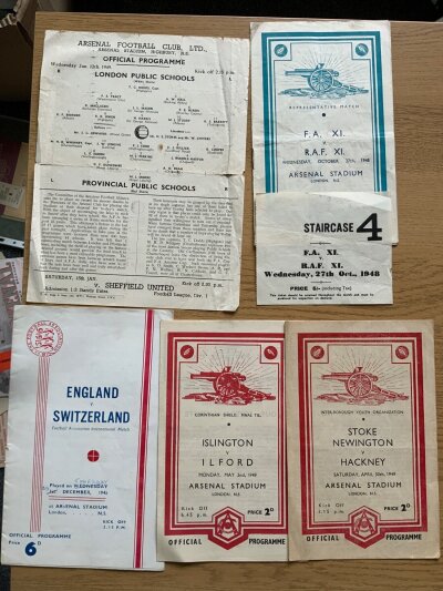 1948 - 1949 Football Programmes Ticket At Arsenal: FA X1 v RAF programme and ticket then programmes for London Public schools v Provincial Public Schools single sheet. Islington v Iford, Stoke Newington v Hackney, England v Sweden. C/W 2 Olympic Football Programmes and one ticket. Good. (9)
