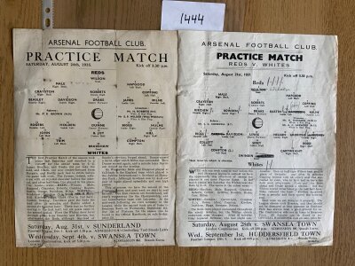 1930s Arsenal Practice Match Football Programmes: Reds v Whites dated 24 8 1935 and 21 8 1937. Fair condition with come faults. (2)