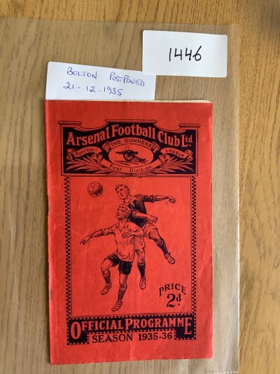 1935 - 1936 Arsenal v Bolton Postponed Football Programme: Excellent condition dated 21 12 1935 with no team changes.