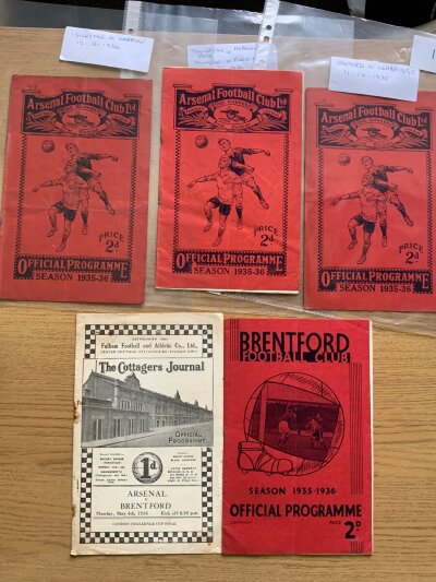 1935 - 1936 Football Programmes Of Matches At Arsenal: Includes Oxford v Cambridge, Islington v Harrow and a joint programme Tollington v Moreland Street/Islington v Finsbury. C/W away match at Brentford and LCC final v Brentford at Fulham which is fair. Good unless stated. (5)