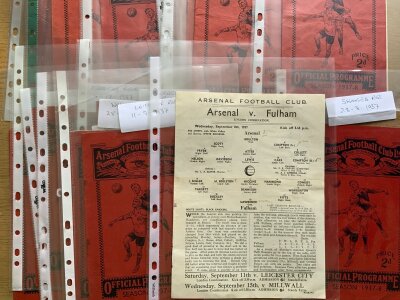 Arsenal 1937 - 1938 Reserve Home Football Programmes: 16 matches from the combination and combination cup with Fulham being a large single sheet. Very good. (16)
