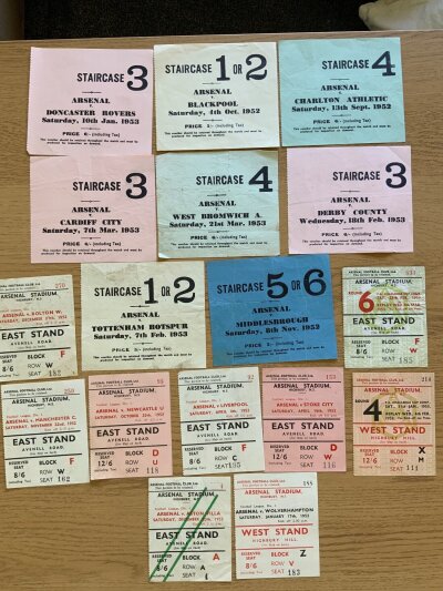 52/53 Arsenal Home Football Tickets: 17 tickets to include Blackpool FA Cup in the season Blackpool won the cup. Good. (17)