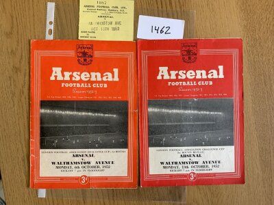 52/53 Arsenal v Walthamstow LFA Cup Football Programmes + Ticket: First round dated 6 October and replay dated 13 October which comes with ticket that states admit player to dressing room. Good with team changes. (3)