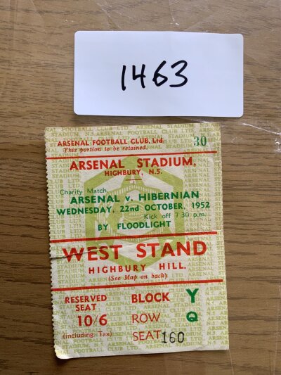 52/53 Arsenal v Hibernian Football Ticket: Charity matches from championship ticket dated 22 10 1952 which has a tear on the fold.