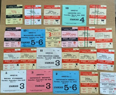 59/60 Arsenal Home Football Tickets: Includes most league matches with Leeds Tottenham Chelsea West Ham present plus FA Cup and friendly v Grasshoppers. Good. (22)