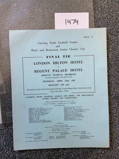 64/65 London Hilton v Regence Palace Football Programme: Catering final played at Arsenal on 22 4 1965.  Excellent condition with team changes.