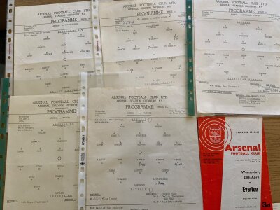 64/65 Arsenal Home Youth Football Programmes: FA Youth cup single sheets for Bexleyheath Crystal Palace Tottenham Watford Chelsea and standard format v Everton final. London Youth Cup v Fulham semi final and QPR final. Metropolitan League Cup v Dunstable, SECL cup v Bexleyheath and Hendon LCC. Good lot. (11)
