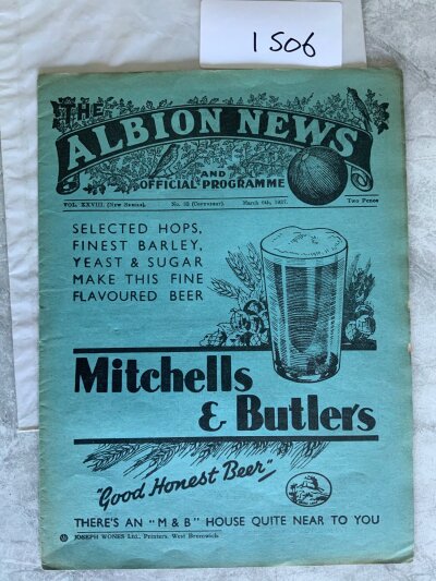 1936 - 1937 West Brom v Arsenal FA Cup Football Programme: Record attendance at the Hawthorns. Good condition with no team changes. 40 per cent split to spine.