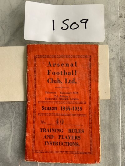 Arsenal 1934 - 1935 Football Players Pass: Training Rules + Players Instructions the former property of Alf Kirchen who joined late in the championship winning season which helped him gain 3 England caps. Alf has filled out the results from when he joined in early March 1935. Superb little pass.