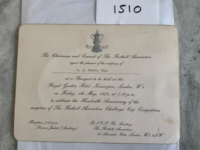 1972 Leeds United v Arsenal FA Cup Banquet Menu Invitation: Embossed 100th Anniversary invitation the day before the cup final. From the Football Association.