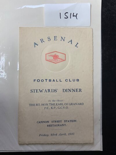 1937 Arsenal Stewards Dinner Football Menu: Lovely 4 page menu with embossed cannon to front for the traditional annual dinner Arsenal arranged for its stewards.