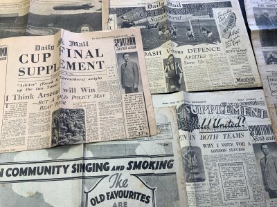 Arsenal Pre War FA Cup Final Newspapers: 1927 Daily Chronicle, 1930 Sunday Graphic, Sunday News, Daily Herald, 1932 Daily Mail, 1936 Daily Express, Daily Mail. A couple ate full newspapers. (7)