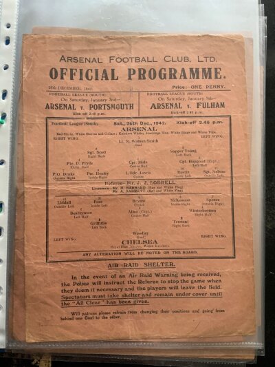 Arsenal 42/43 Complete Home Football Programmes: Single sheets to include 14 league matches v Orient Chelsea Millwall Portsmouth and Chelsea. Cup matches v Watford Brighton and West Ham. Mainly good although 4 have punch holes. (17)