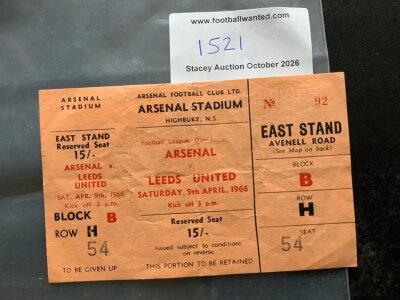 65/66 Arsenal v Leeds United Postponed Football Ticket: Unused ticket with counterfoil attached for match dated 9 4 1966. The match played in the next month remains the lowest attendance at Highbury for a first team league match.