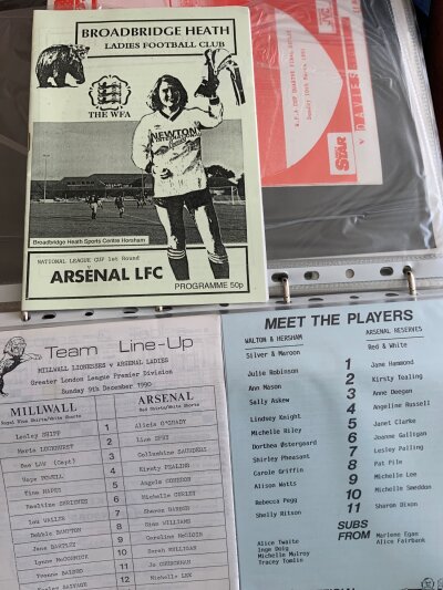Arsenal Ladies Near Complete Home Football Programmes Collection: From 91/92 to 2025/26 neatly kept in 22 large ring binders to include cup finals friendlies charity shields etc. In each seasons folder there are some aways and some tickets and numerous team sheets. There are some earlier Arsenal home programmes and a lot of European aways. Do not miss this rare chance.