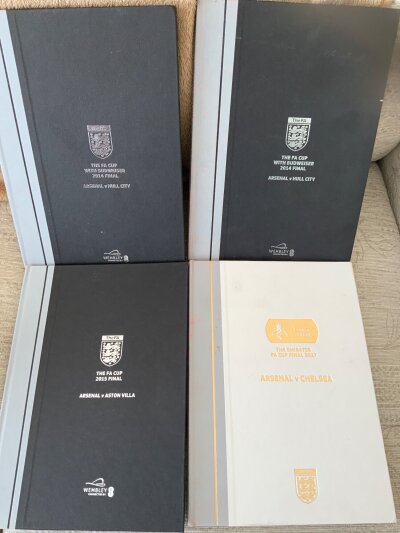 Arsenal Hardback FA Cup Final Football Programmes: 2014 Hull x 2, 2015 Aston Villa, 2017 Chelsea. Good condition Club Wembley versions. (4)