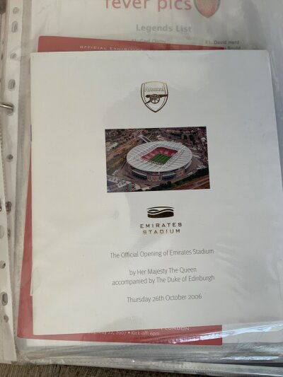 Arsenal 2006 - 2007 Home Football Programmes Tickets + More: Full set of first team home programmes and tickets from the first season at the Emirates. C/W possibly all reserve + youth programmes, Highbury auction brochure, Bergkamp testimonial memorabilia, golf tournament, menus, team sheets and more. (2 folders)