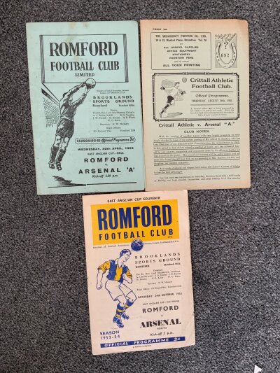 Arsenal East Anglian Cup Away Football Programmes: 51/52 Crittall, Romford final, 53/54 Romford. Good. (3)