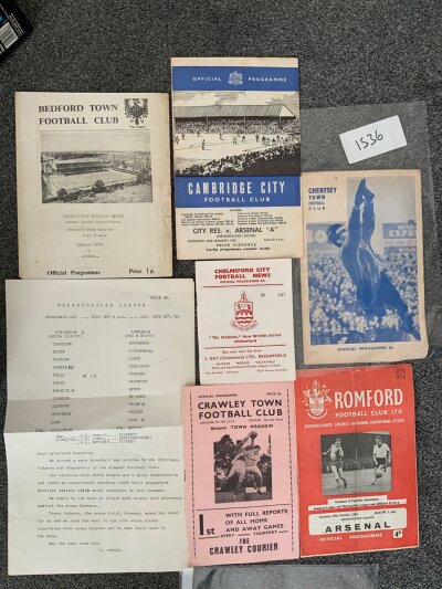 Arsenal Metropolitan League Away Football Programmes: 61/62 Crawley, 63/64 Chelmsford, 64/65 Romford, Cambridge, 65/66 Chertsey, 66/67 Stevenage, 67/68 probable Bedford. Good. (7)