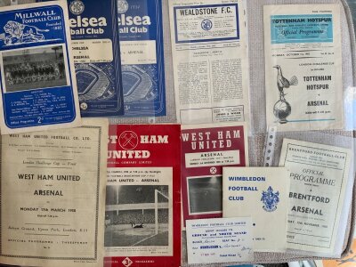 Arsenal Away LCC Football Programmes: London Challenge Cup matches at 53/54 Chelsea, 56/57 Millwall, 60/61 Chelsea, Brentford, 62/63 Wealdstone, 69/70 Wimbledon final with ticket plus West Ham in 54/55 57/58 58/59. Good. (15)