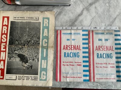 1950s Racing Club De Paris v Arsenal Football Programmes: 50/51 with heavy folding plus 55/56 and 56/57 having light creasing. 57/58 is excellent. (4)