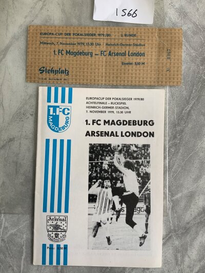 79/80 Magdeburg v Arsenal ECWC Football Programme + Ticket: Mint condition programme with unused ticket having a small tear on counterfoil.