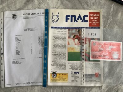 91/92 Benfica v Arsenal European Cup Football Ticket: Good condition ticket which has writing plus programme and black and white team sheet. (3)