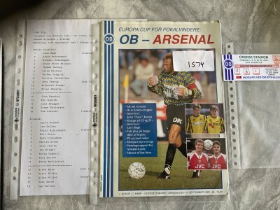 93/94 Odense v Arsenal ECWC Football Ticket: Excellent condition ticket with programme and black and white team sheet. (3)