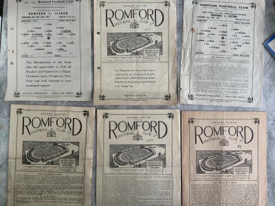 Romford 1940s Football Programmes: Homes v 45/46 Ilford, Leyton, 46/47 Ilford, 47/48 Tufnell Park, Walthamstow, 48/49 Moor Green, Brentwood + Warley, Ilford, 49/50 Kingstonian. Aways include 45/46 47/48 Leytonstone, 48/49 Billingham Synthonia in Amateur Cup run. Mainly good but 2 have punch holes. (16)